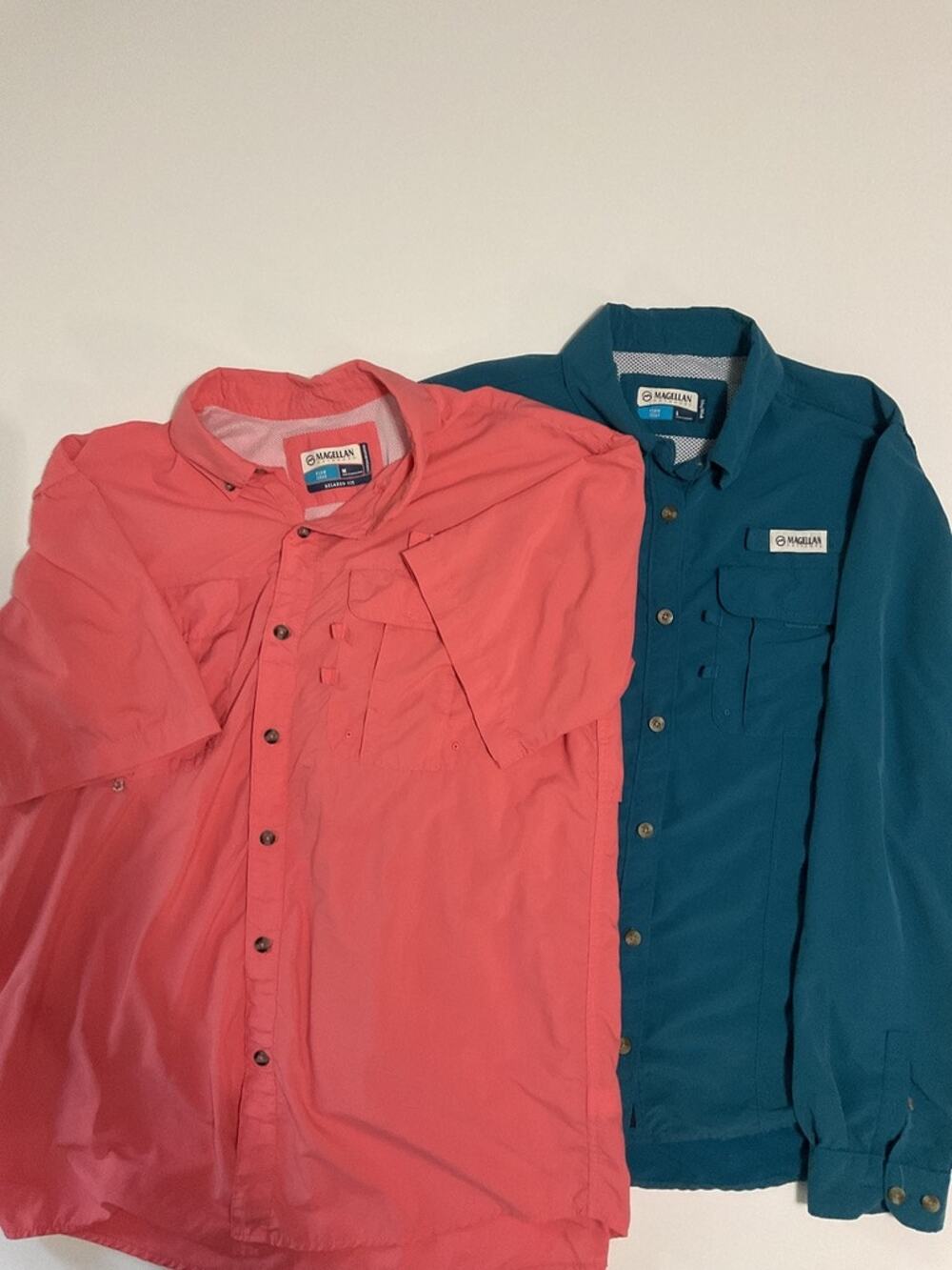 Lot of 2 Magellan Fish Gear Fishing Shirts M & L Coral Teal Short & Long Sleeve